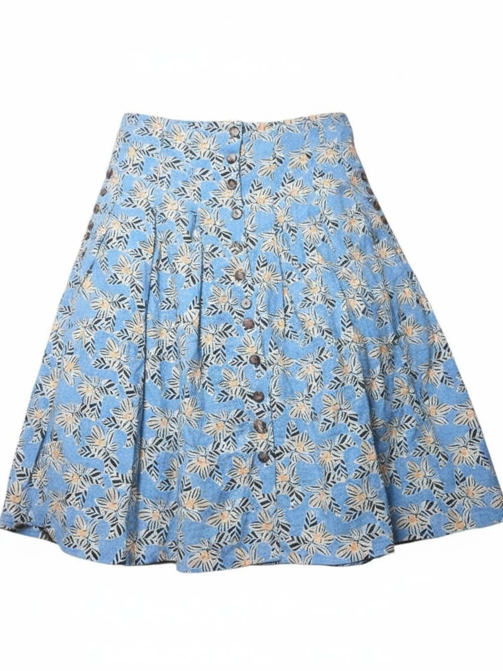 MODCLOTH | Blue Floral Cotton Pleated A-Line Skirt Button Front Pockets | 12‎